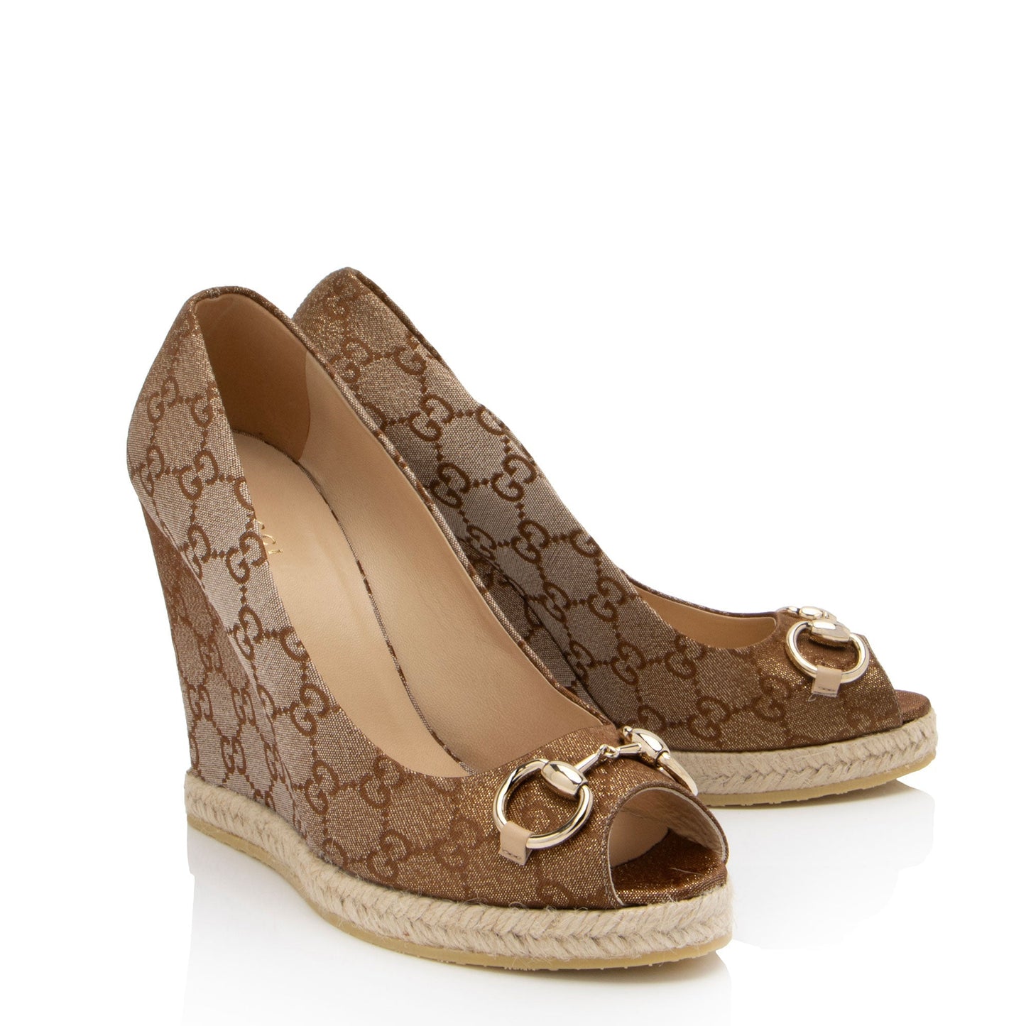 Gucci GG Canvas Horsebit Peep Toe Wedges - Size 9 / 39 (SHF-EyPaa5)