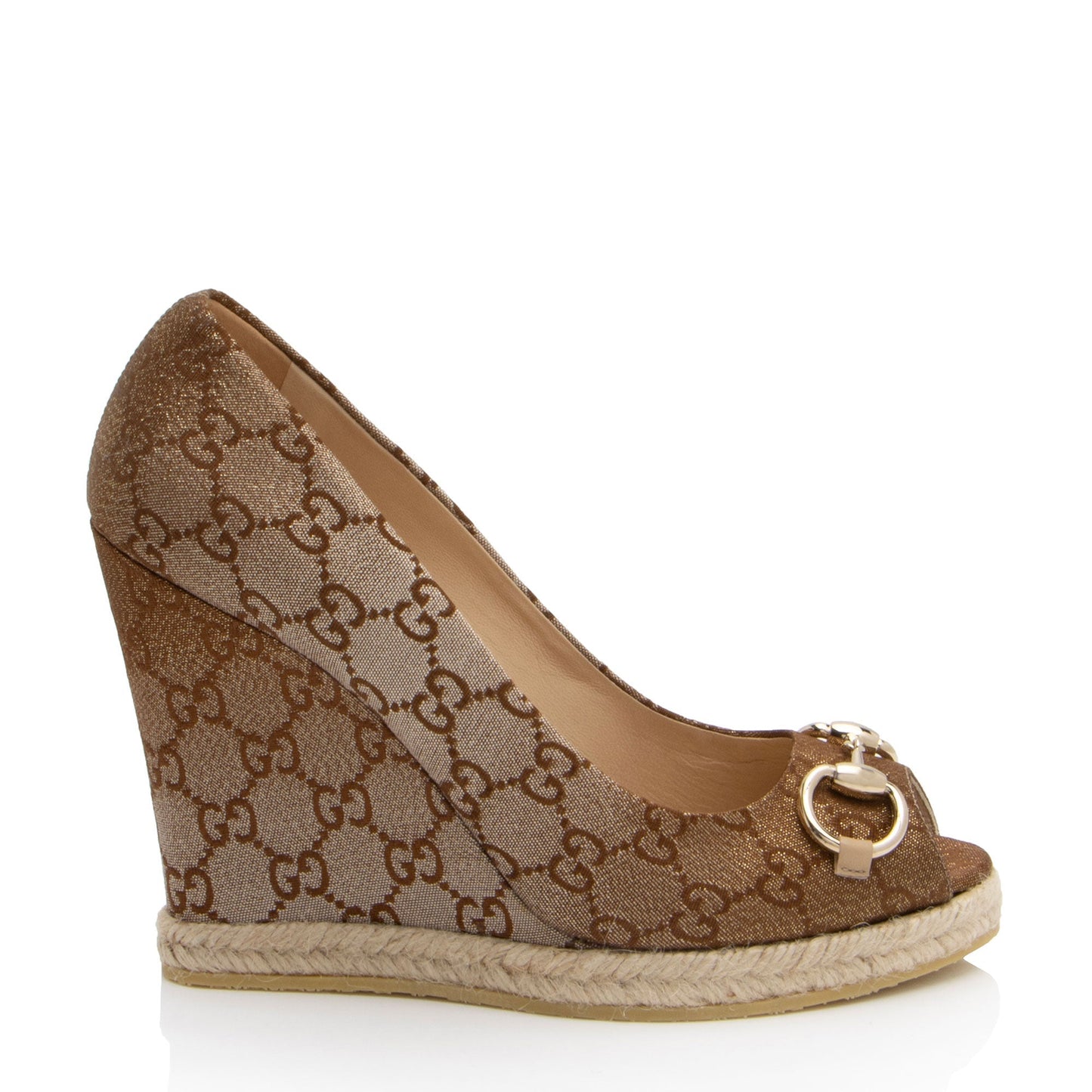 Gucci GG Canvas Horsebit Peep Toe Wedges - Size 9 / 39 (SHF-EyPaa5)