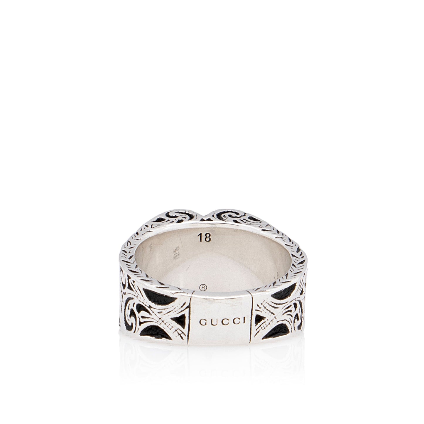 Gucci Sterling Silver Engraved Heart Ring - Size 8