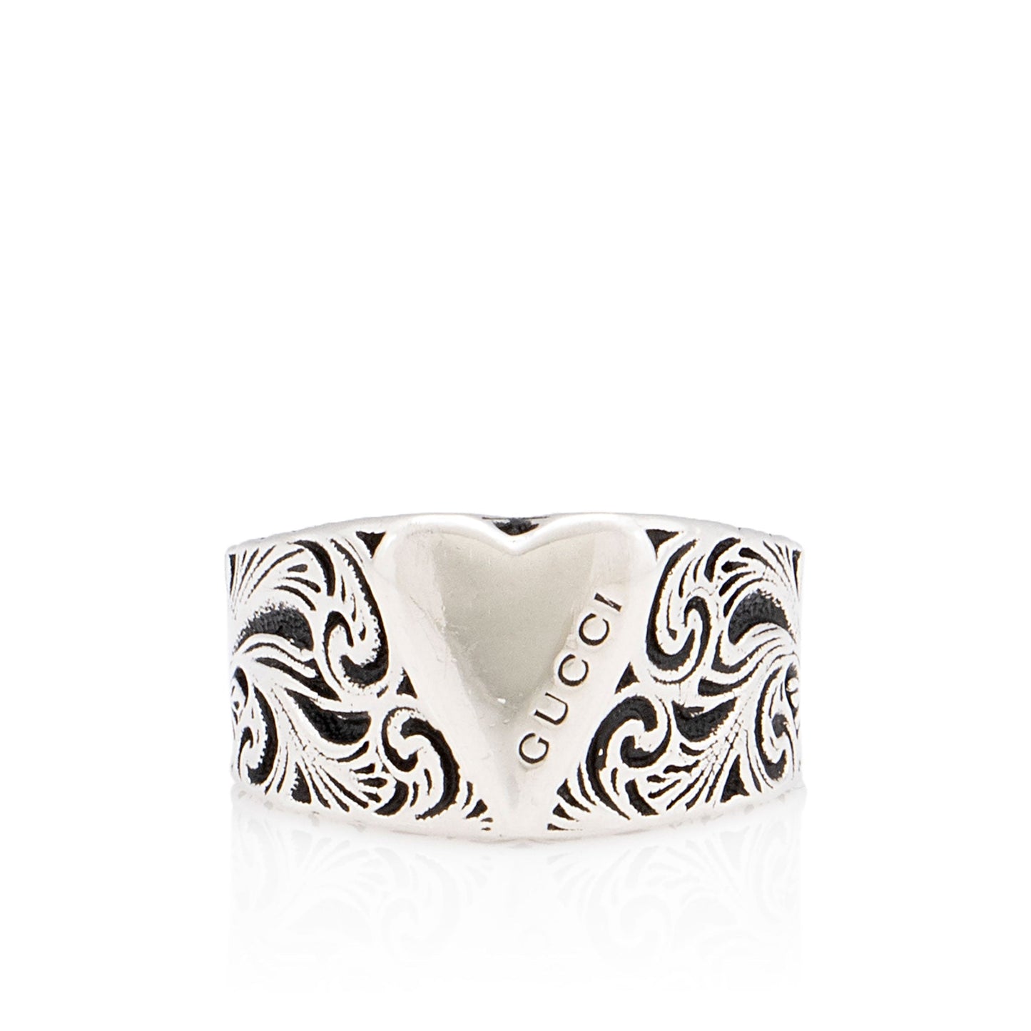 Gucci Sterling Silver Engraved Heart Ring - Size 8