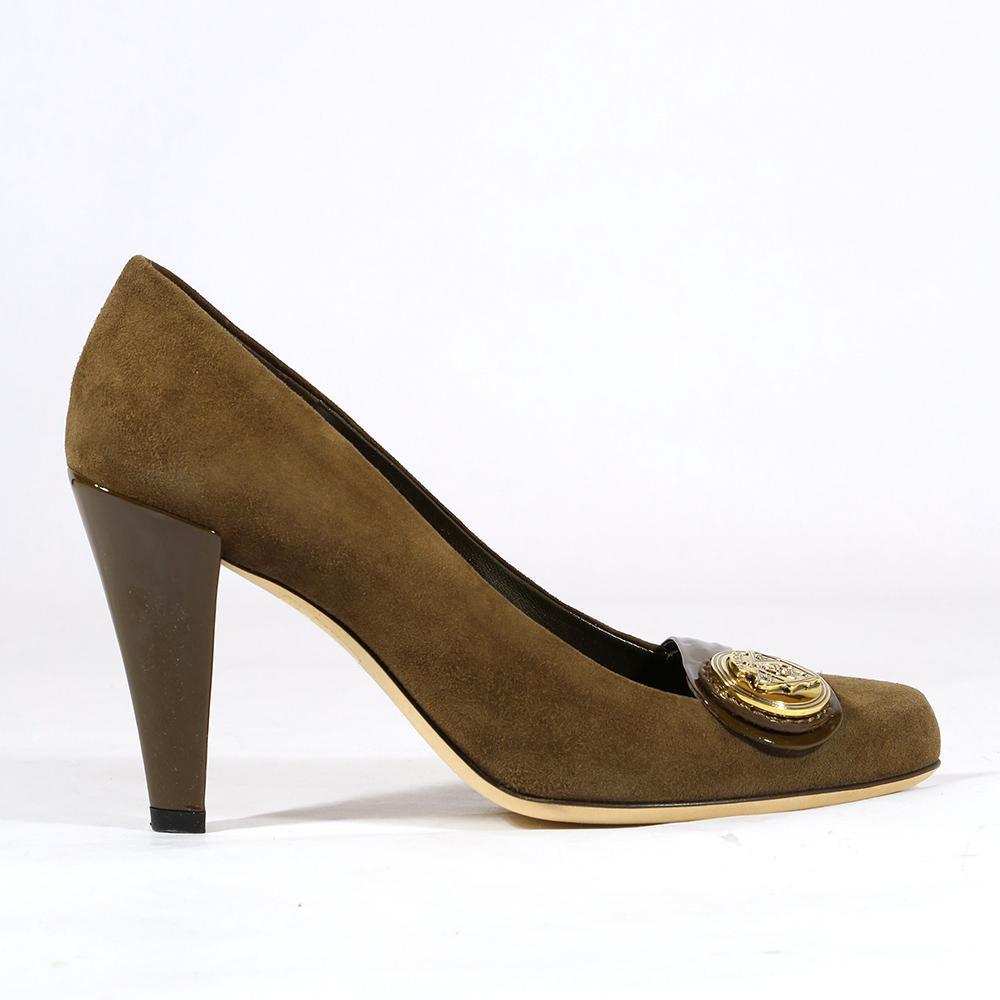 Gucci Women's Designer Shoes Dapple Gray / Brown Suede and Napa Logo Pump