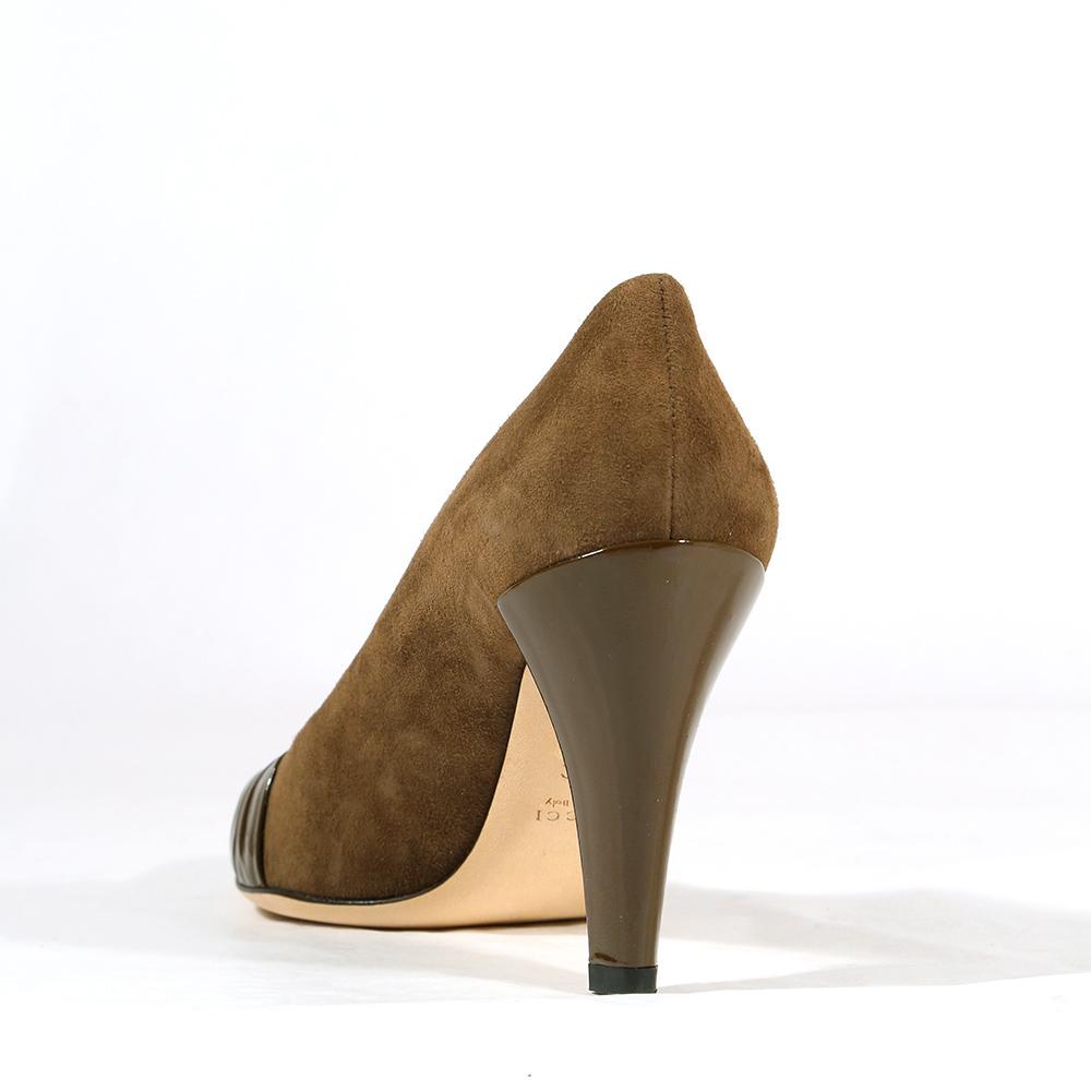 Gucci Women's Designer Shoes Dapple Gray / Brown Suede and Napa Logo Pump