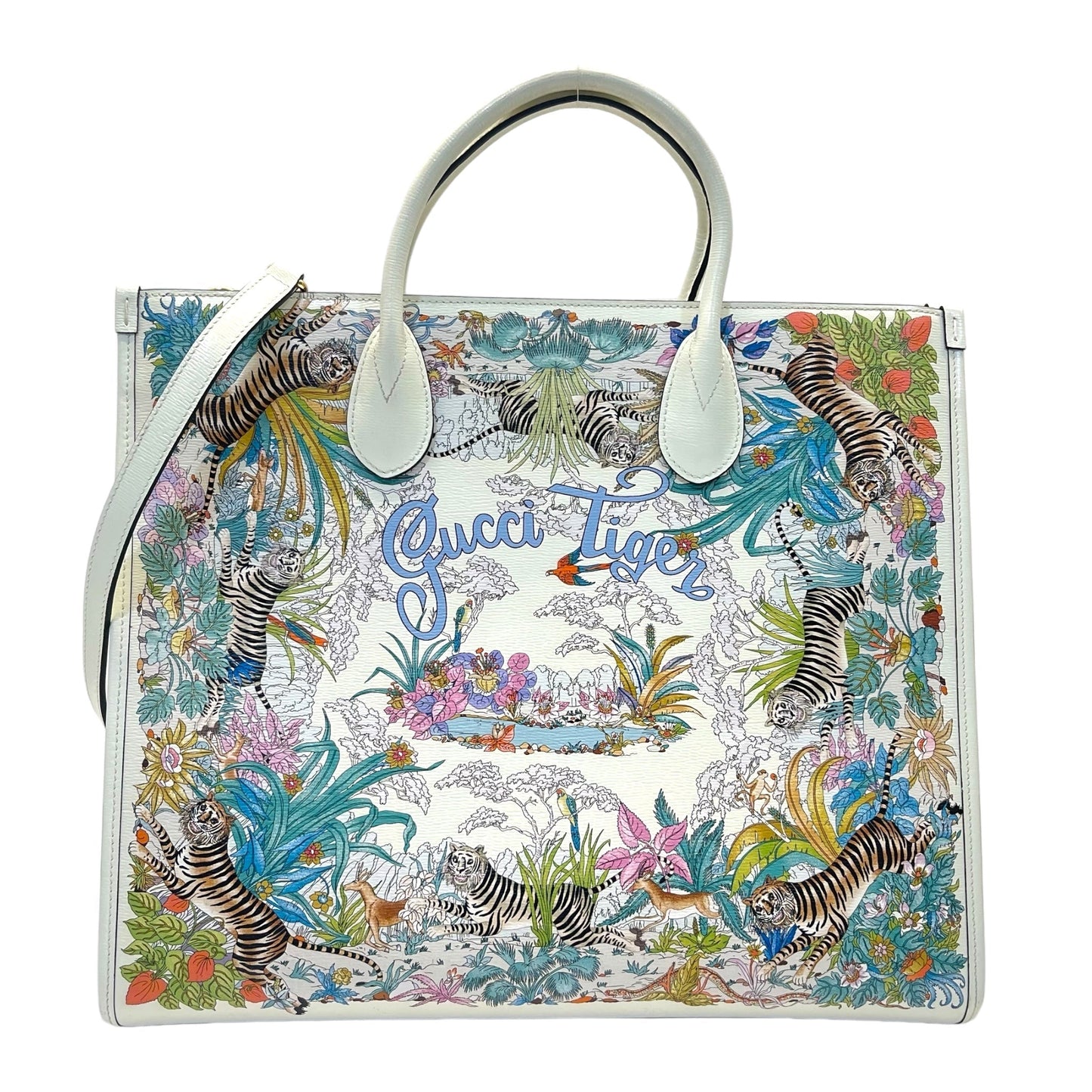 Gucci Tiger Shanghai Savanah Textured White Chalky Multicolor Tote