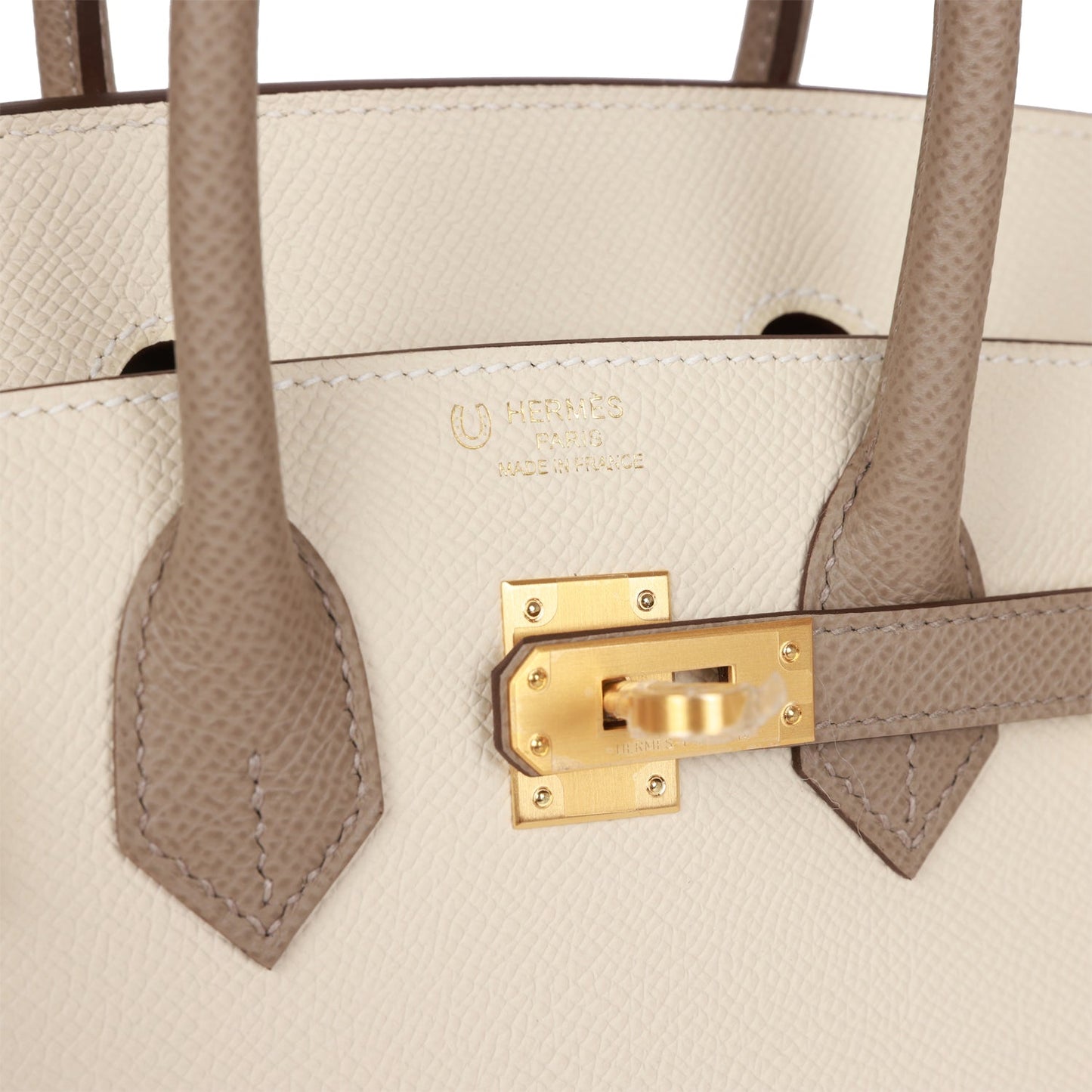 Hermes Birkin 25 Sellier Craie and Gris Asphalte Epsom Brushed Gold Hardware