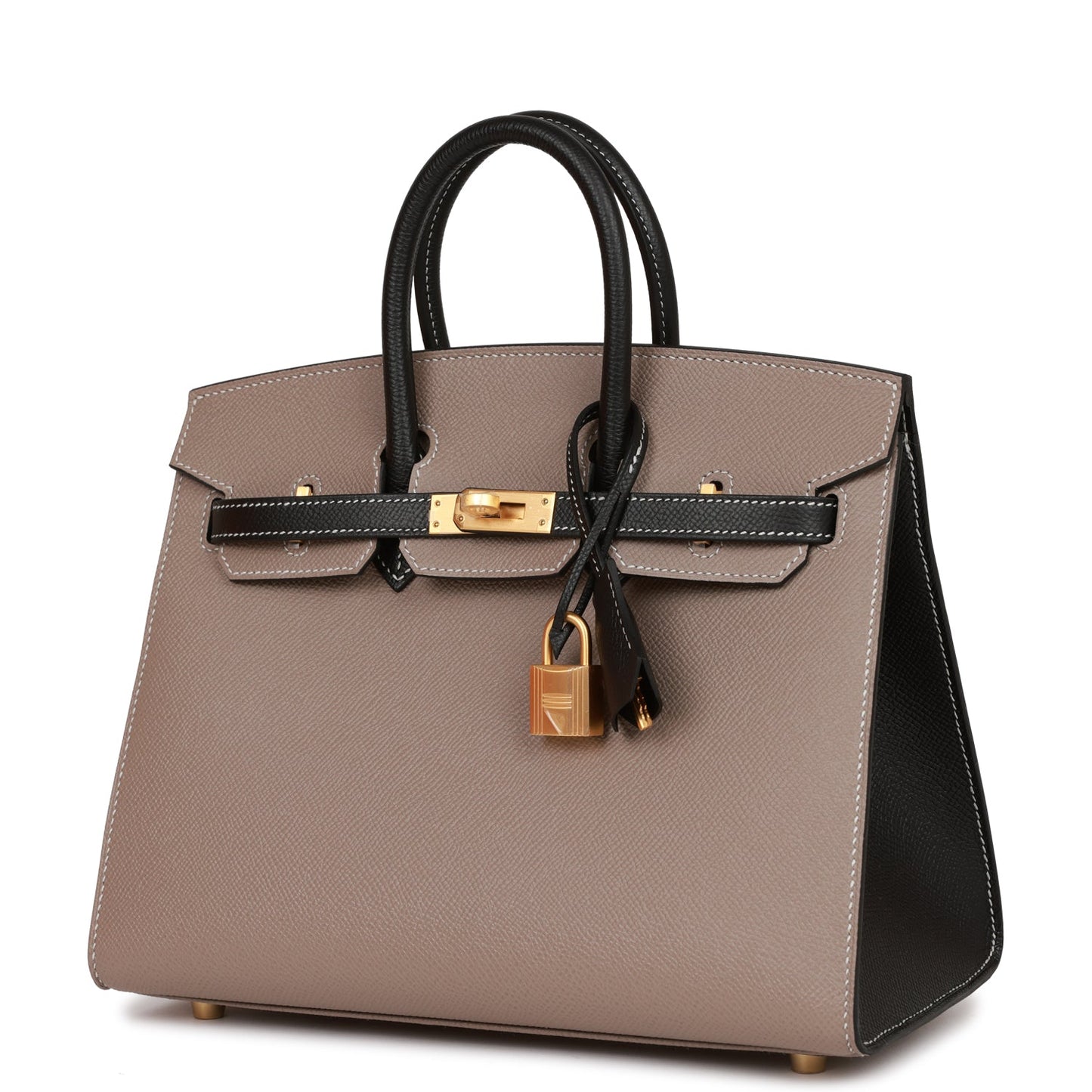 Hermes Birkin 25 Sellier Etoupe and Black Epsom Brushed Gold Hardware
