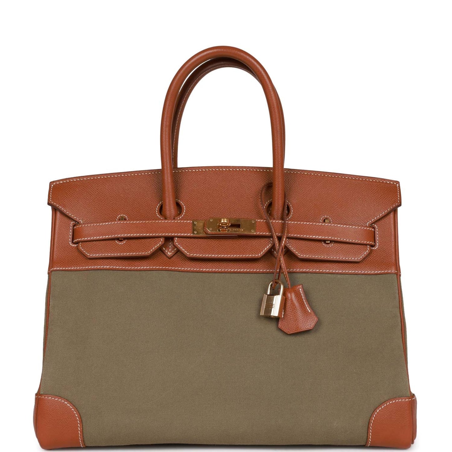 Hermes Birkin 35 Gold Courchevel and Olive Toile H Gold Hardware