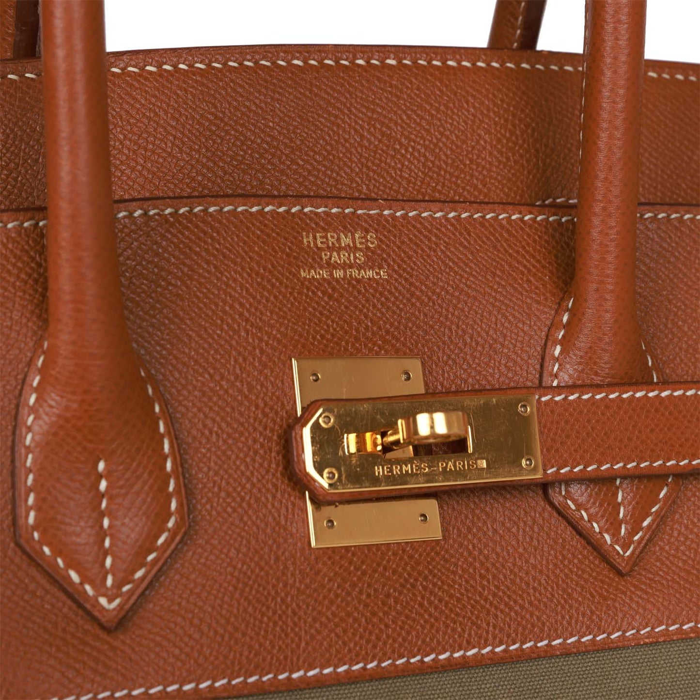 Hermes Birkin 35 Gold Courchevel and Olive Toile H Gold Hardware