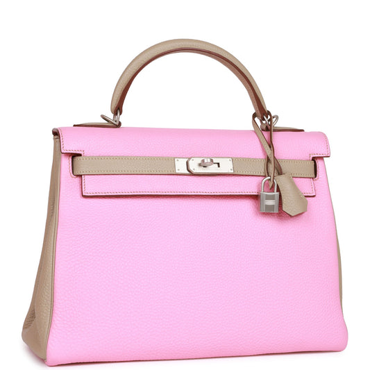 Hermes Special Order Kelly 32 Retourne Bubblegum and Gris Tourterelle Clemence Brushed Palladium Hardware