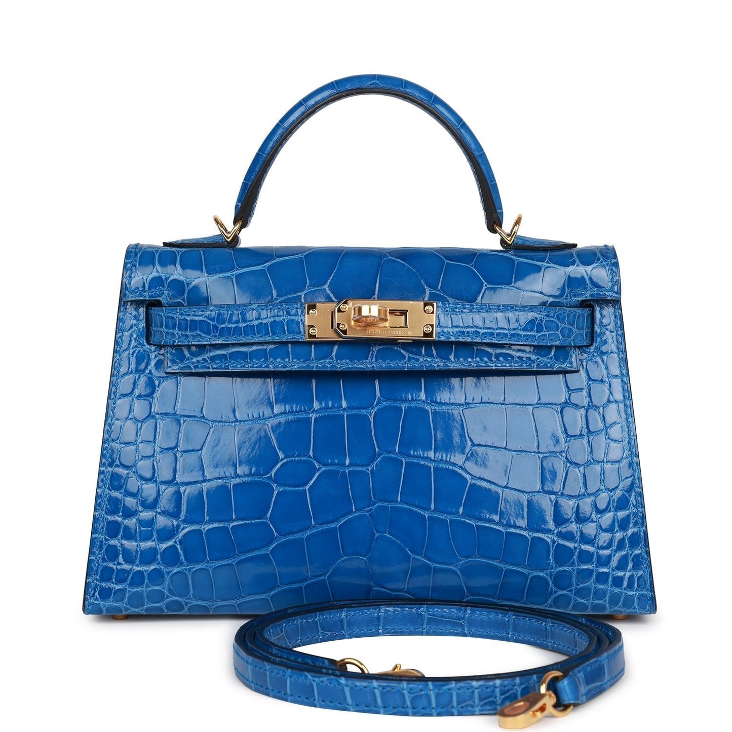 Hermes Kelly 20 Sellier Bleu Zellige Shiny Alligator Gold Hardware