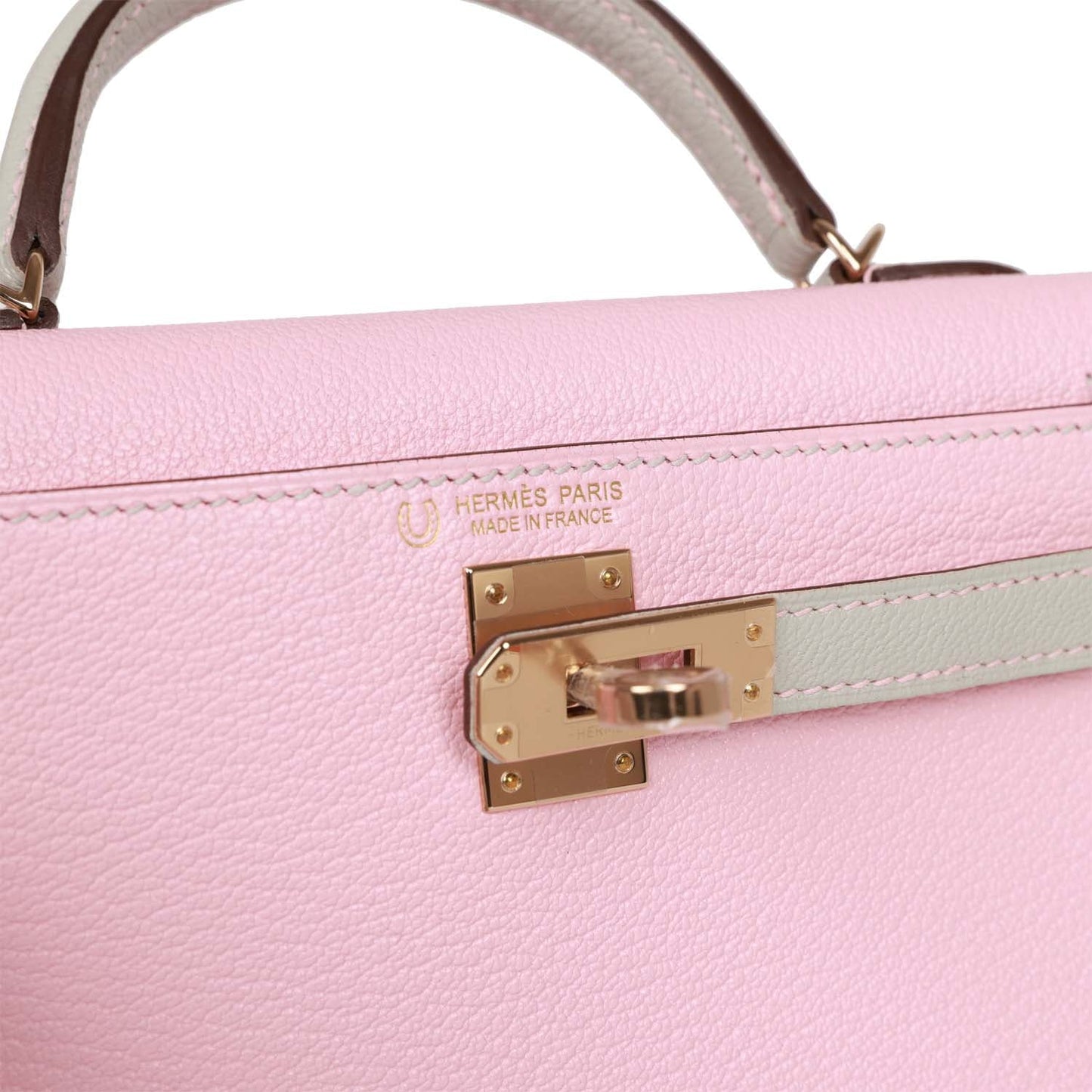 Hermes Kelly 20 Rose Sakura and Gris Perle Chevre Mysore Permabrass