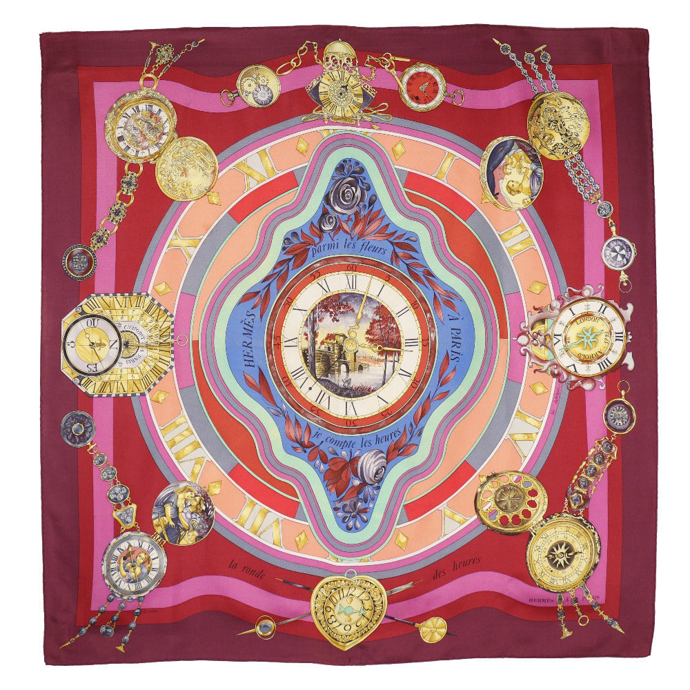 HERMES scarf silk Red Time spent in the flowers parmi les fleurs je compte les heures Carre90 Women  d