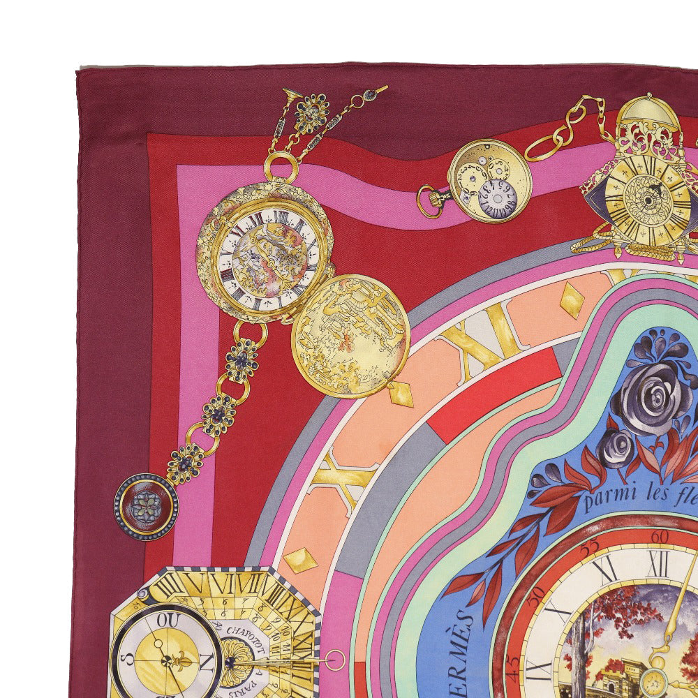 HERMES scarf silk Red Time spent in the flowers parmi les fleurs je compte les heures Carre90 Women  d