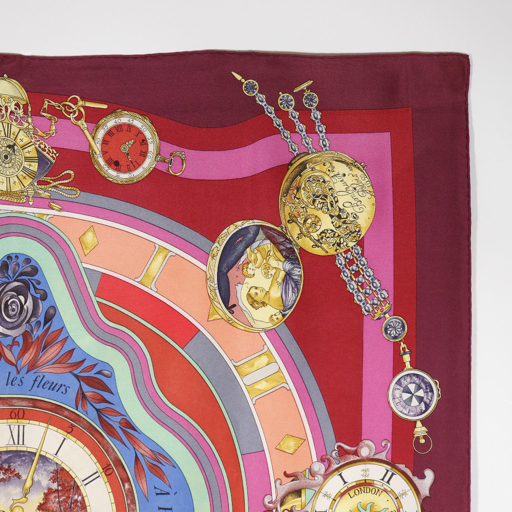 HERMES scarf silk Red Time spent in the flowers parmi les fleurs je compte les heures Carre90 Women  d