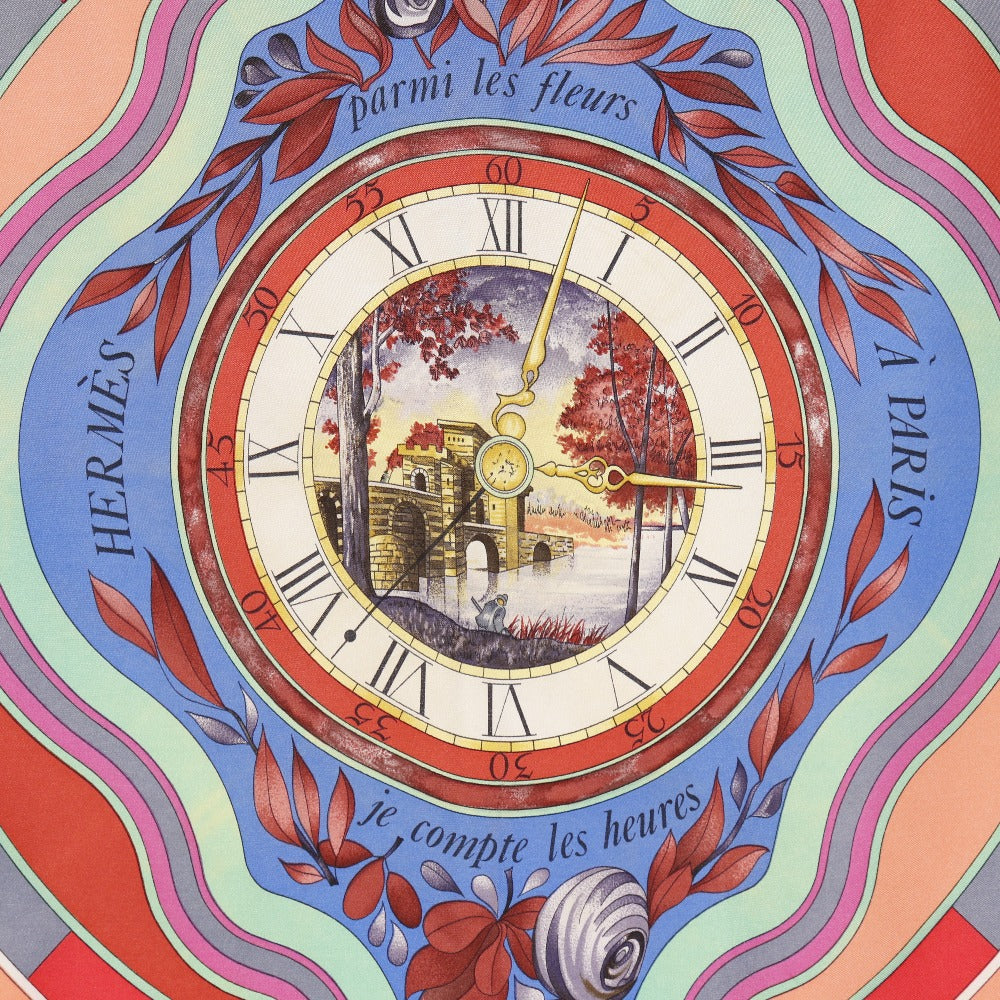 HERMES scarf silk Red Time spent in the flowers parmi les fleurs je compte les heures Carre90 Women  d