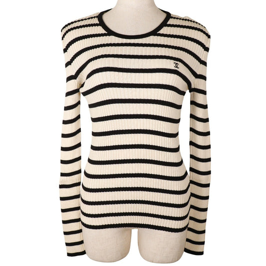CHANEL sweater P10238V00445 cotton White / black 98P border COCO Mark Women 44