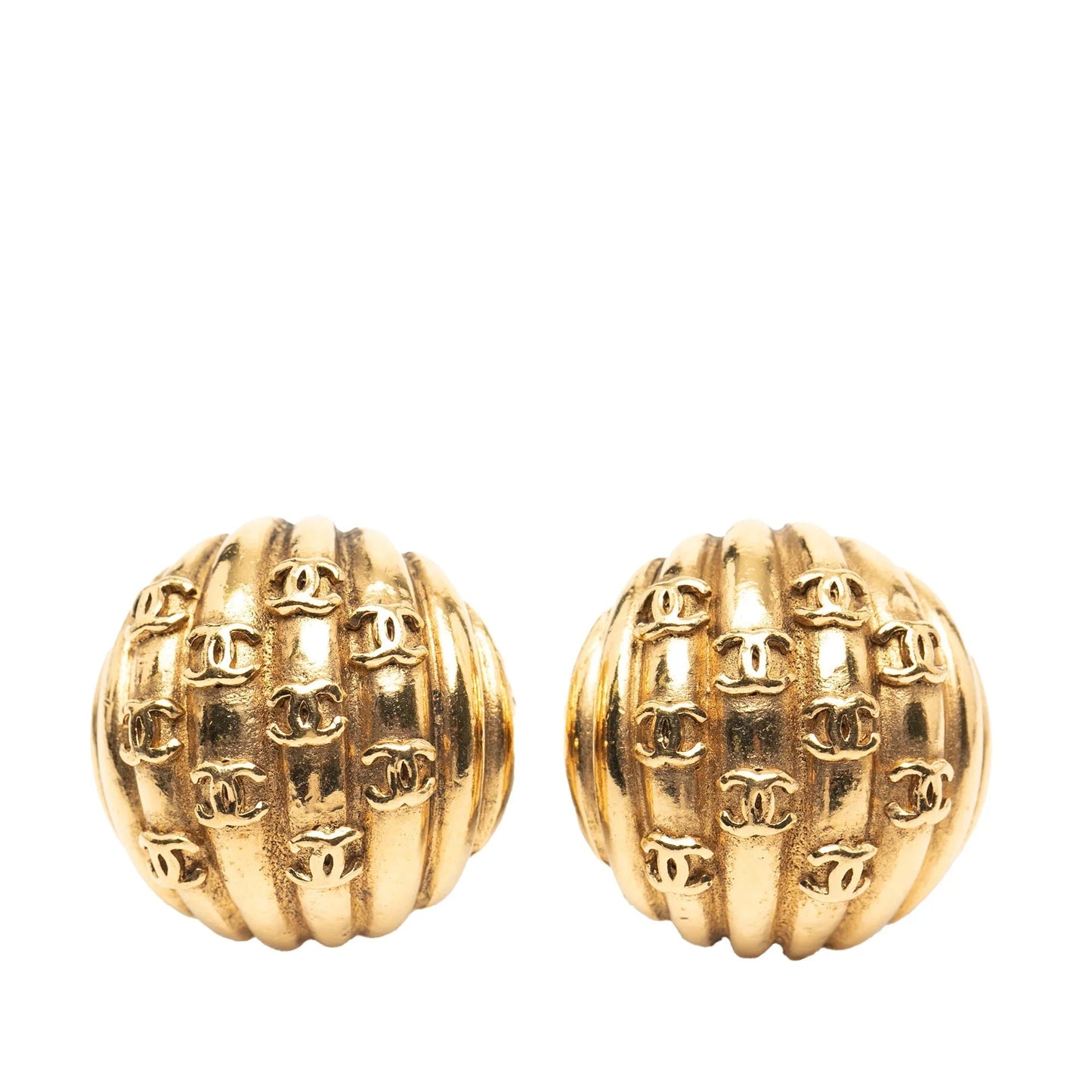 Gold Chanel Gold Plated Rows of CC Round Clip On Earrings