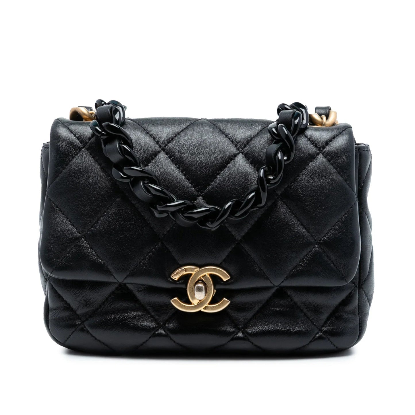 Black Chanel Mini Quilted Lambskin Lacquered Chain Flap Crossbody Bag