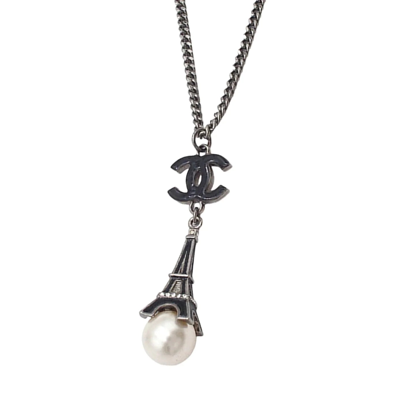 Silver Chanel Silver Plated Faux Pearl Enamel CC Eiffel Tower Charm Necklace