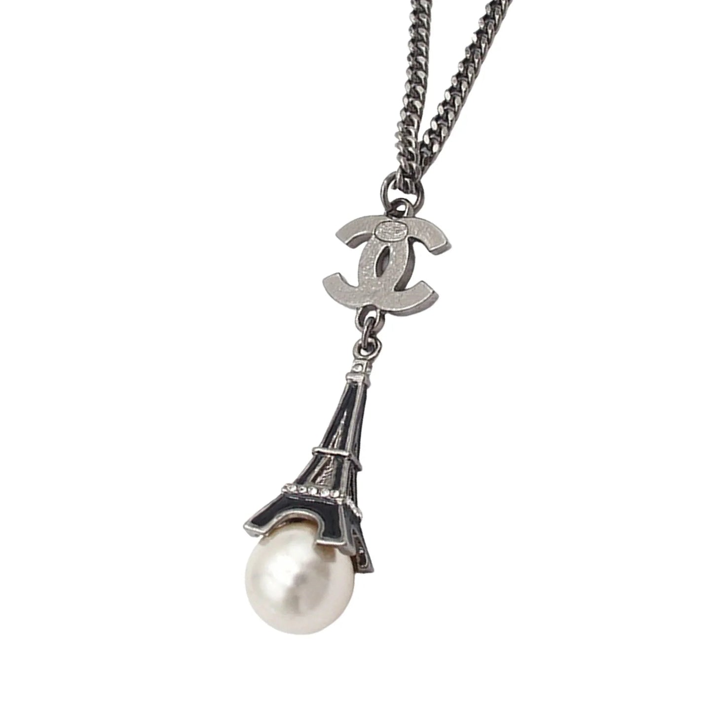 Silver Chanel Silver Plated Faux Pearl Enamel CC Eiffel Tower Charm Necklace