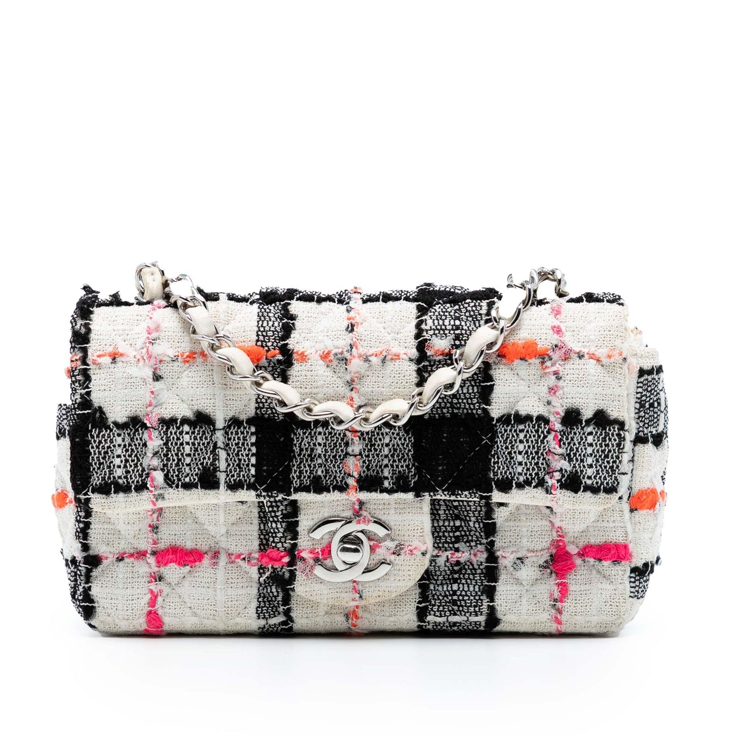 White Chanel Mini Rectangular Classic Tweed Check Single Flap Crossbody Bag