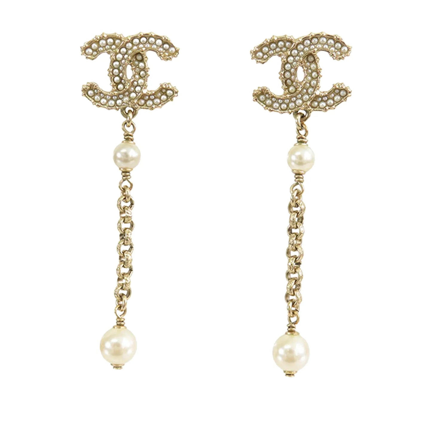 Gold Chanel Gold Plated Faux Pearl CC Dangle Bullet Back Earrings