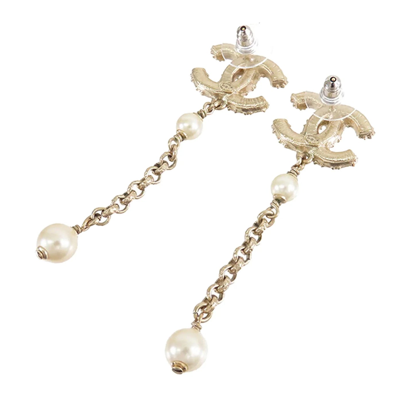 Gold Chanel Gold Plated Faux Pearl CC Dangle Bullet Back Earrings