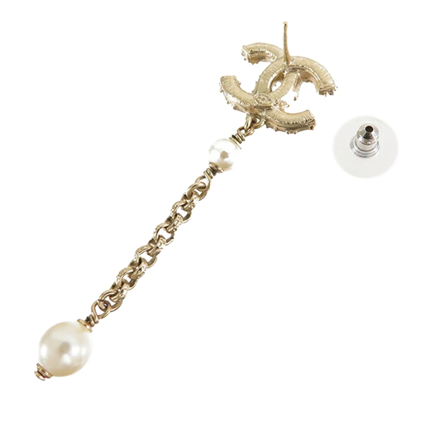 Gold Chanel Gold Plated Faux Pearl CC Dangle Bullet Back Earrings