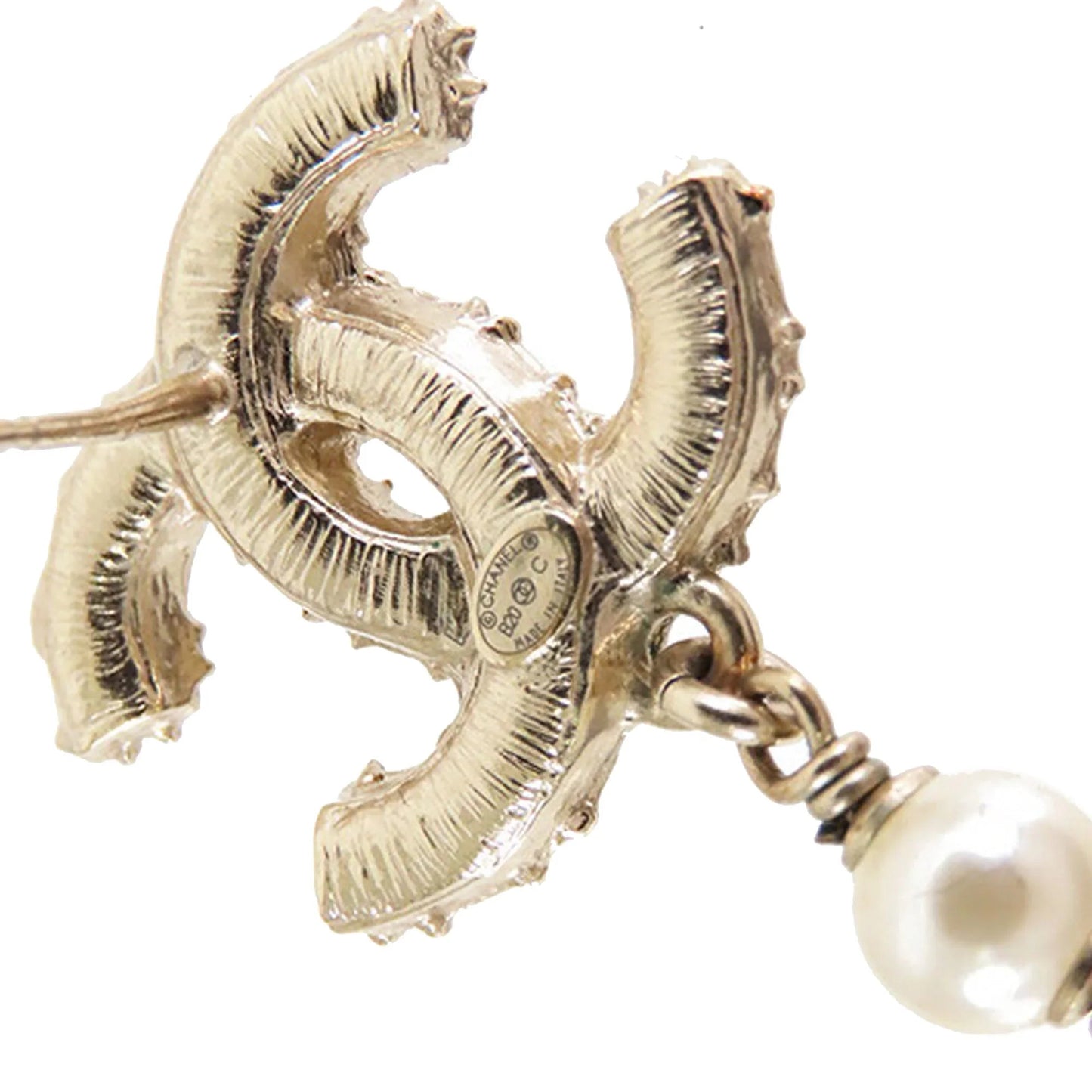 Gold Chanel Gold Plated Faux Pearl CC Dangle Bullet Back Earrings