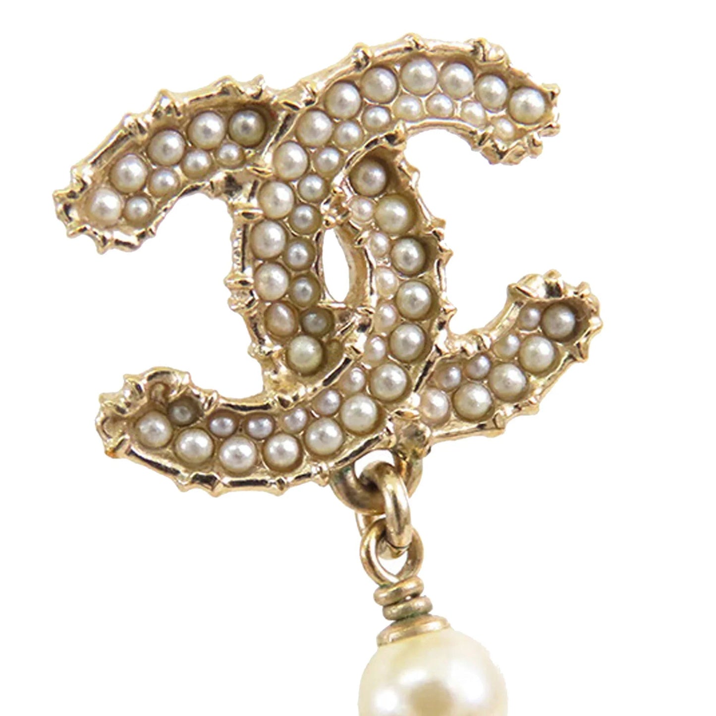 Gold Chanel Gold Plated Faux Pearl CC Dangle Bullet Back Earrings