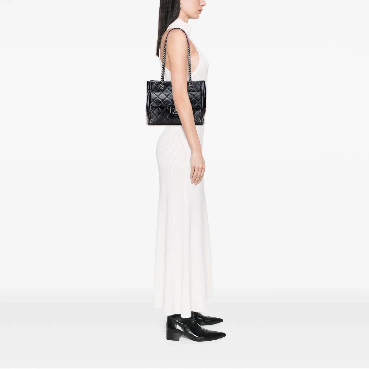 Black Chanel Small Quilted Glazed Calfskin Duo Color Tote