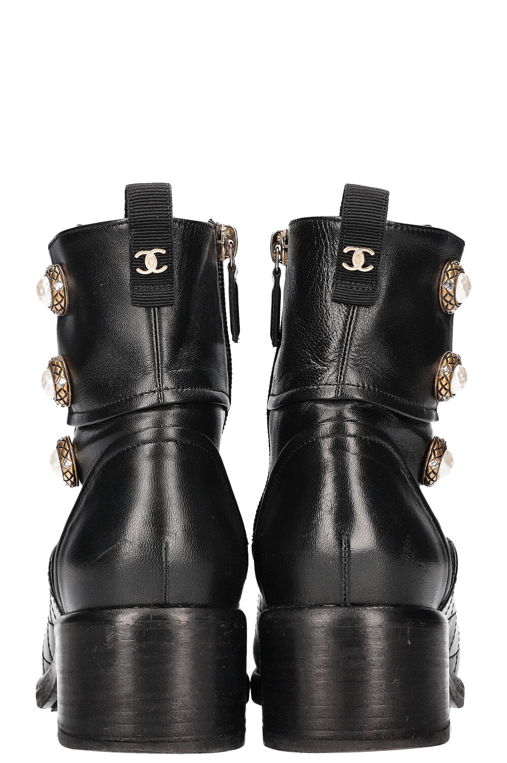 CHANEL Pearl Embellished Moto Ankle Boots