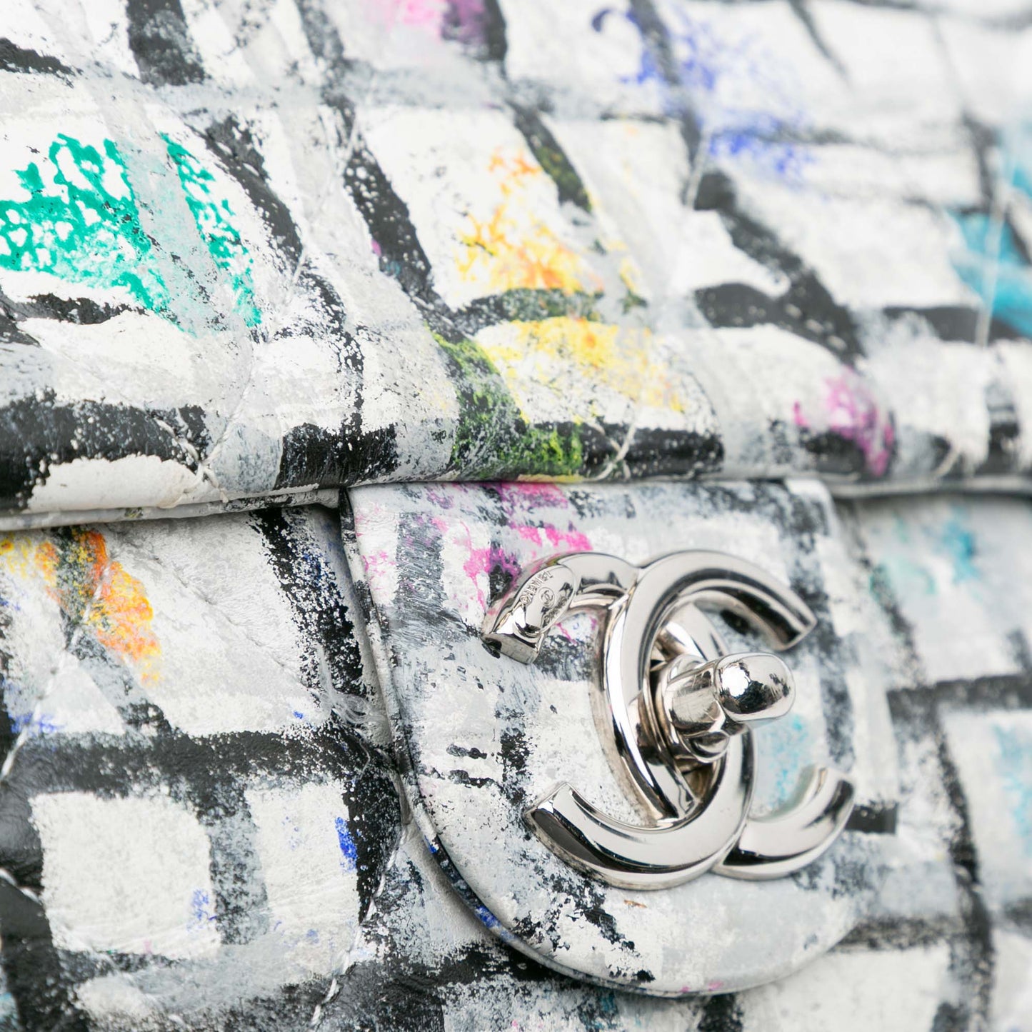 White Chanel Medium Calfskin Hand Painted Graffiti Flap Shoulder Bag
