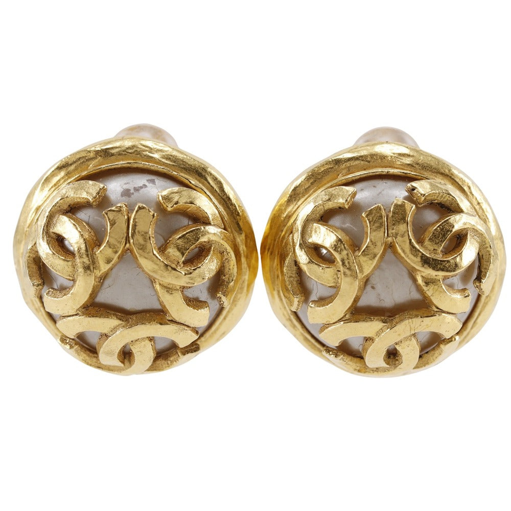 CHANEL Earring Plated Gold, Faux Pearl gold   Triple COCO Mark Women