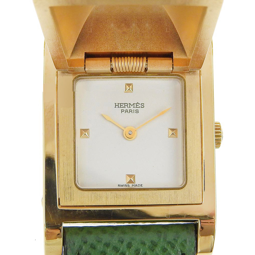 HERMES Watches Quartz Plated Gold , Leather green Medor White dial Women  d
