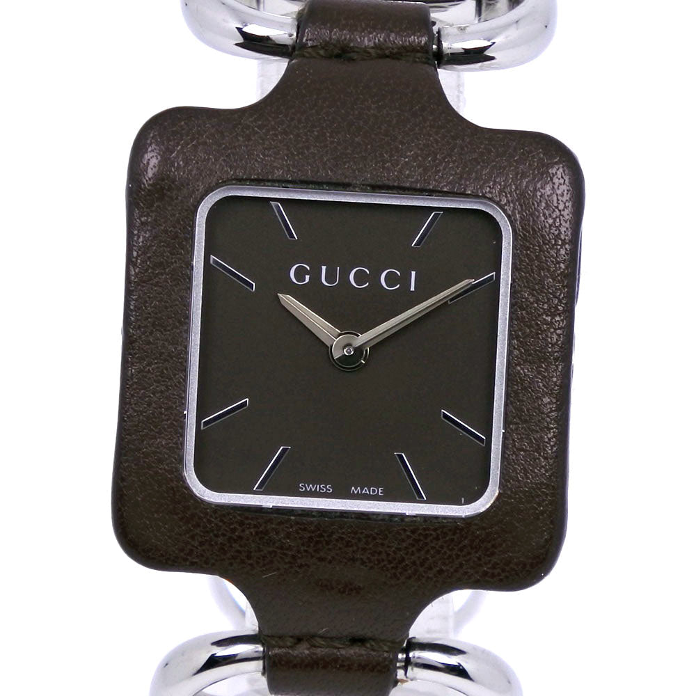 GUCCI Watches Quartz YA130.5 Stainless Steel , Leather Silver Square face Brown dial mens