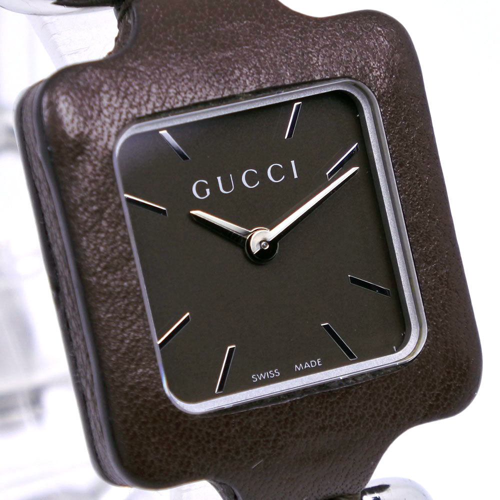 GUCCI Watches Quartz YA130.5 Stainless Steel , Leather Silver Square face Brown dial mens