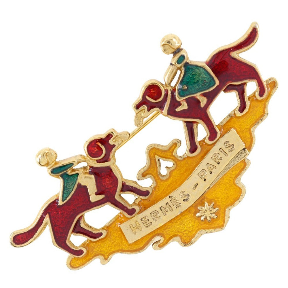 HERMES Brooch Plated Gold wine-red Cloisonne dog and girl Women  d