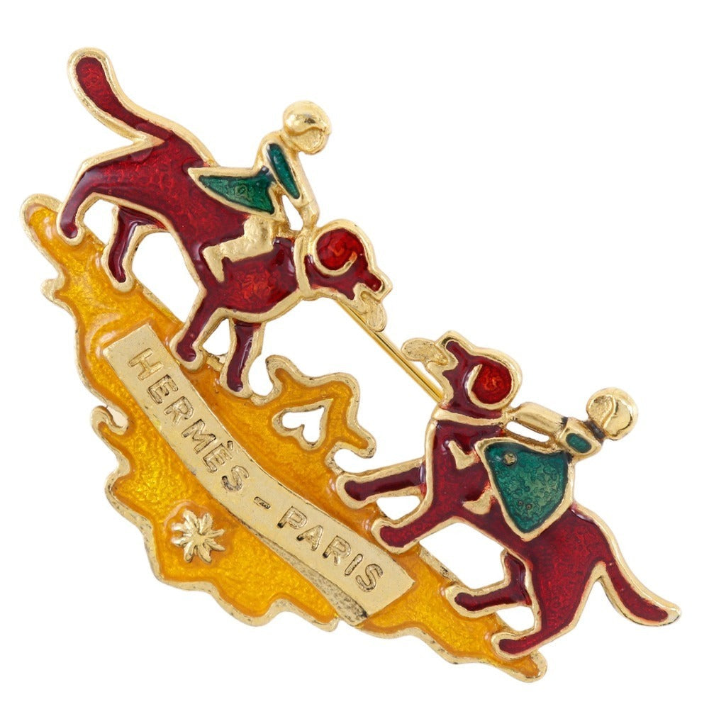 HERMES Brooch Plated Gold wine-red Cloisonne dog and girl Women  d