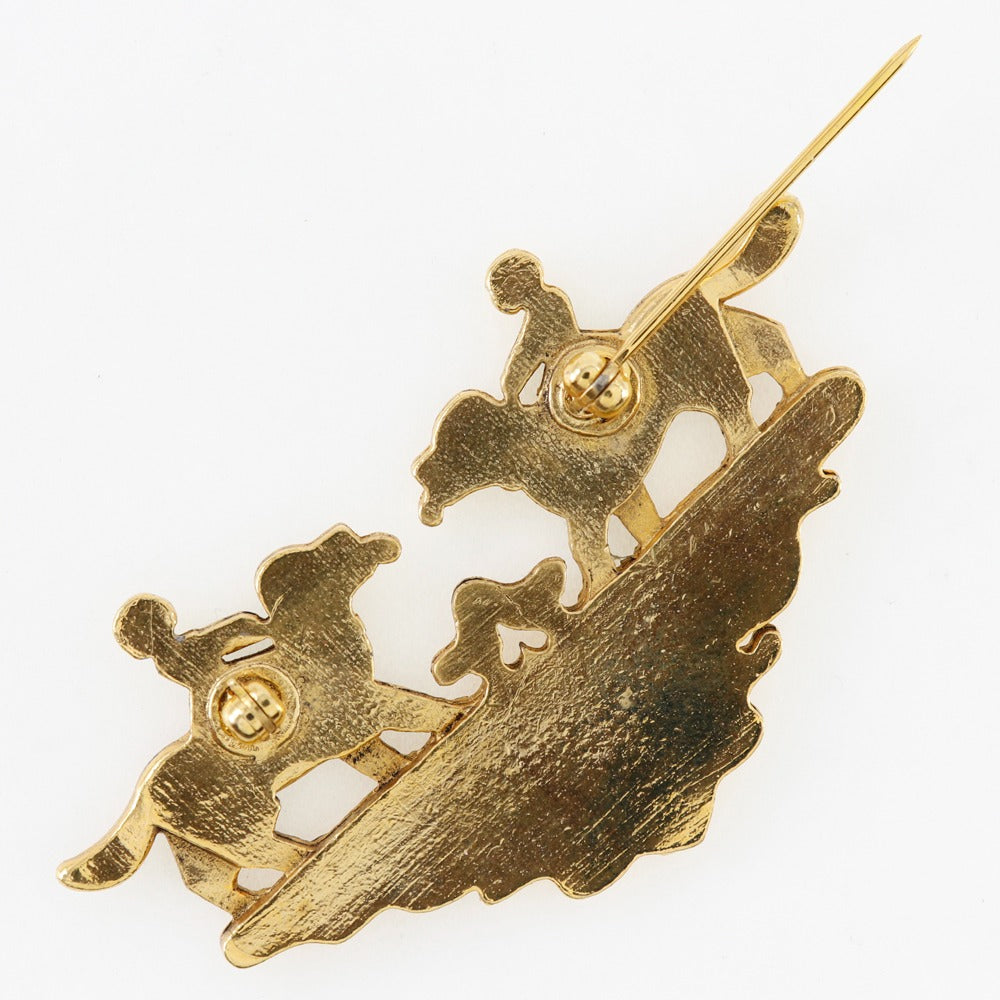 HERMES Brooch Plated Gold wine-red Cloisonne dog and girl Women  d