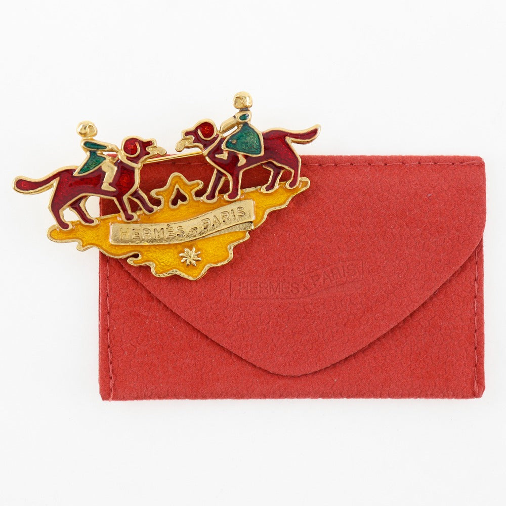 HERMES Brooch Plated Gold wine-red Cloisonne dog and girl Women  d