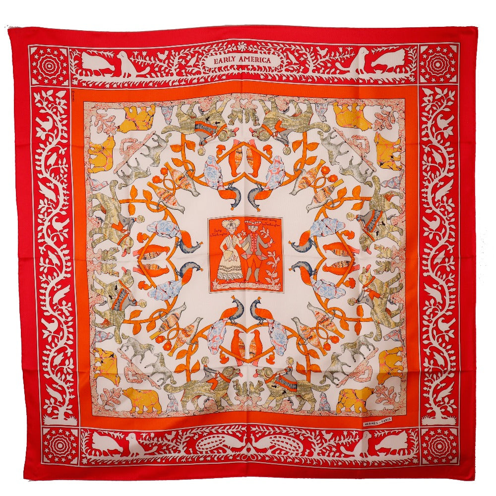 HERMES scarf silk Red EARLY AMERICA Good old America Carre90 Women  d