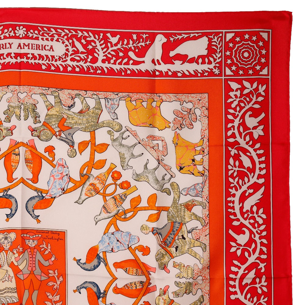 HERMES scarf silk Red EARLY AMERICA Good old America Carre90 Women  d