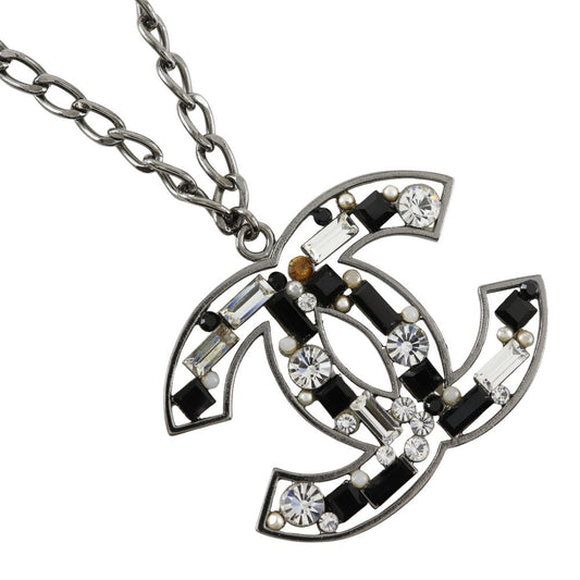 CHANEL Necklace Metal, Rhinestone Silver / black COCO Mark