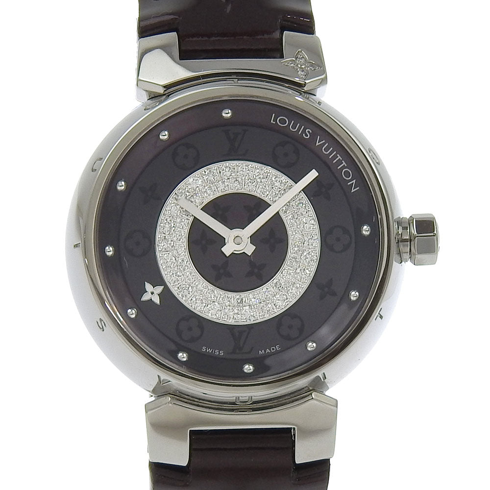 LOUIS VUITTON Watches Quartz Q121U Stainless Steel, Monogram Vernis, Diamond black Amarrant Disk Diamon Tambour Allamant dial Women
