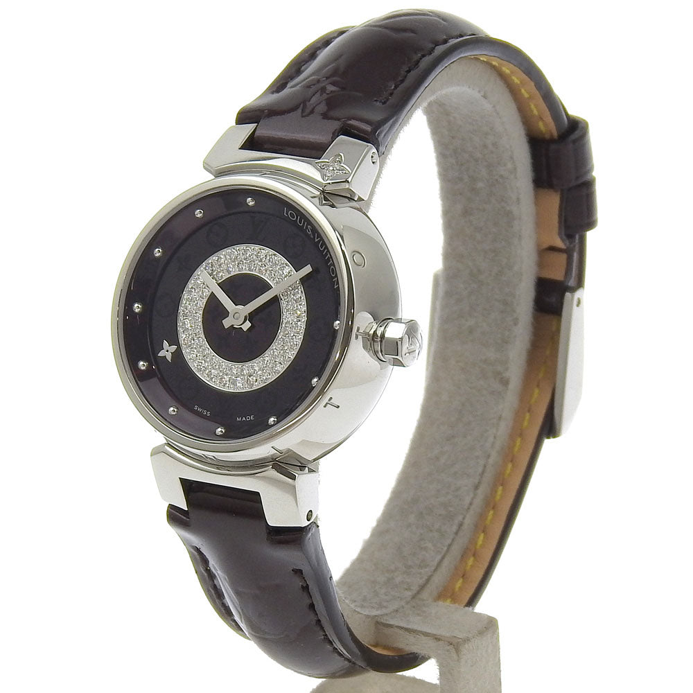 LOUIS VUITTON Watches Quartz Q121U Stainless Steel, Monogram Vernis, Diamond black Amarrant Disk Diamon Tambour Allamant dial Women