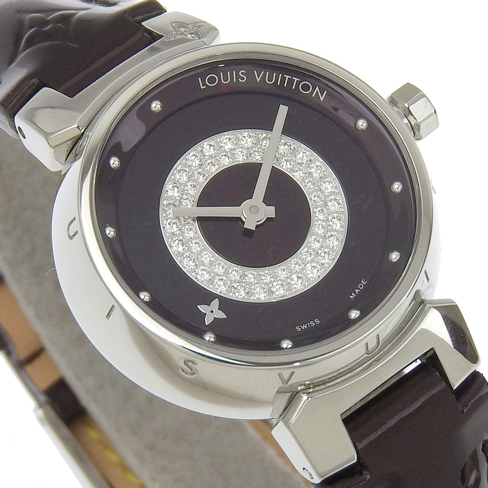 LOUIS VUITTON Watches Quartz Q121U Stainless Steel, Monogram Vernis, Diamond black Amarrant Disk Diamon Tambour Allamant dial Women