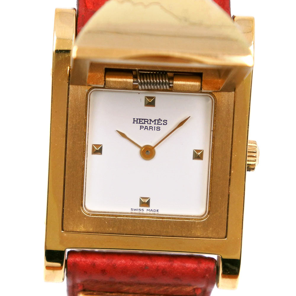 HERMES Watches Quartz Plated Gold , Leather Red/gold Medor White dial Women  d