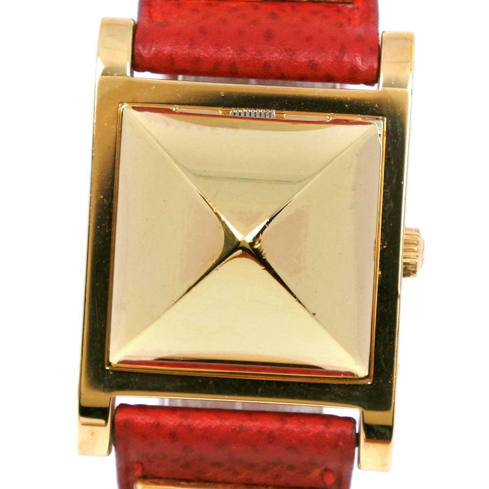 HERMES Watches Quartz Plated Gold , Leather Red/gold Medor White dial Women  d