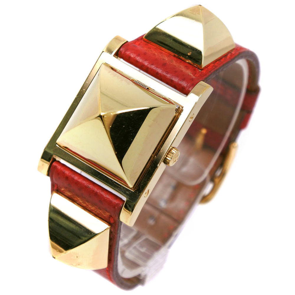 HERMES Watches Quartz Plated Gold , Leather Red/gold Medor White dial Women  d