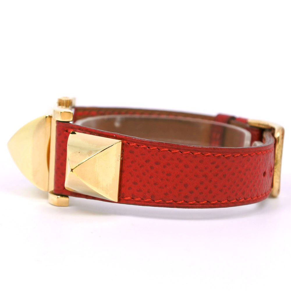 HERMES Watches Quartz Plated Gold , Leather Red/gold Medor White dial Women  d